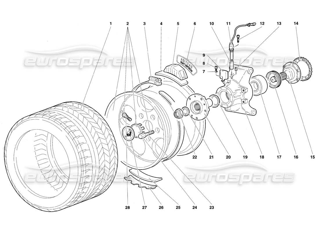 lamborghini diablo se30 (1995) schema delle parti della ruota posteriore e del supporto del mozzo