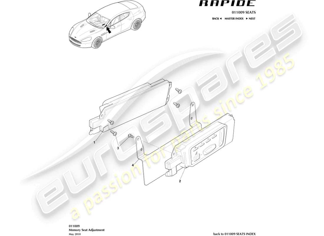 aston martin rapide (2012) diagramma delle parti di regolazione del sedile anteriore