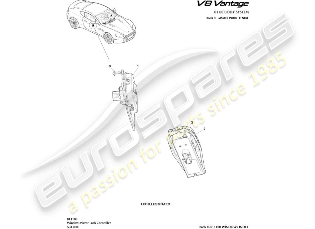 aston martin v8 vantage (2014) diagramma delle parti del controller di blocco finestra/specchio