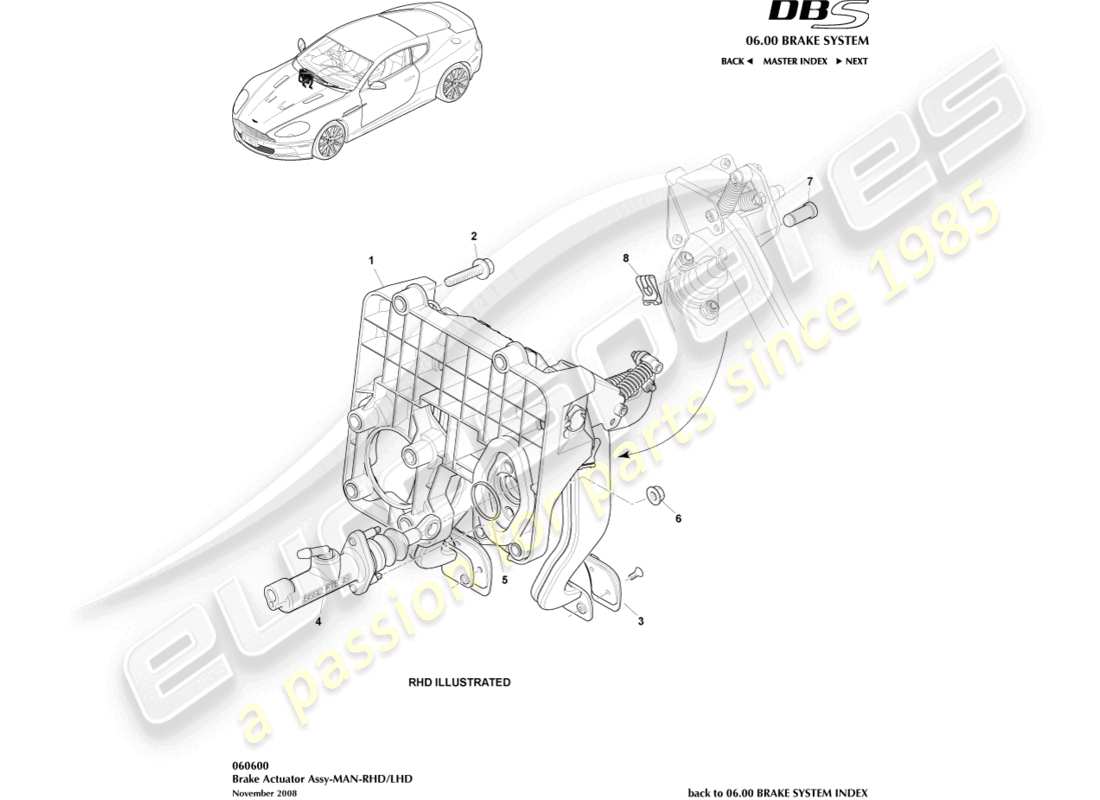 aston martin dbs (2010) gruppo attuatore del freno, diagramma dei ricambi auto