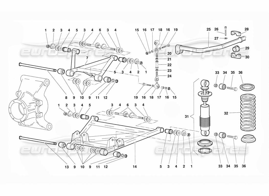 lamborghini diablo (1991) diagramma delle parti della sospensione posteriore