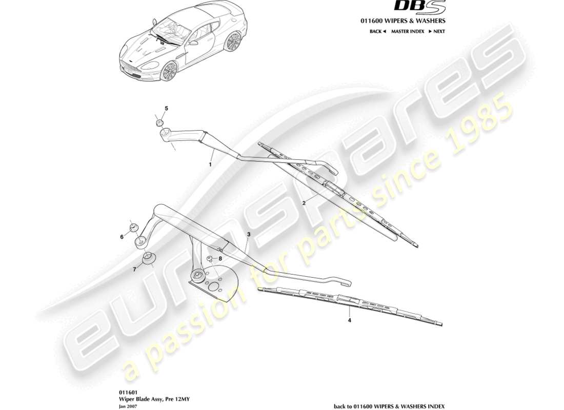 aston martin dbs (2010) gruppo spazzola tergicristallo diagramma delle parti
