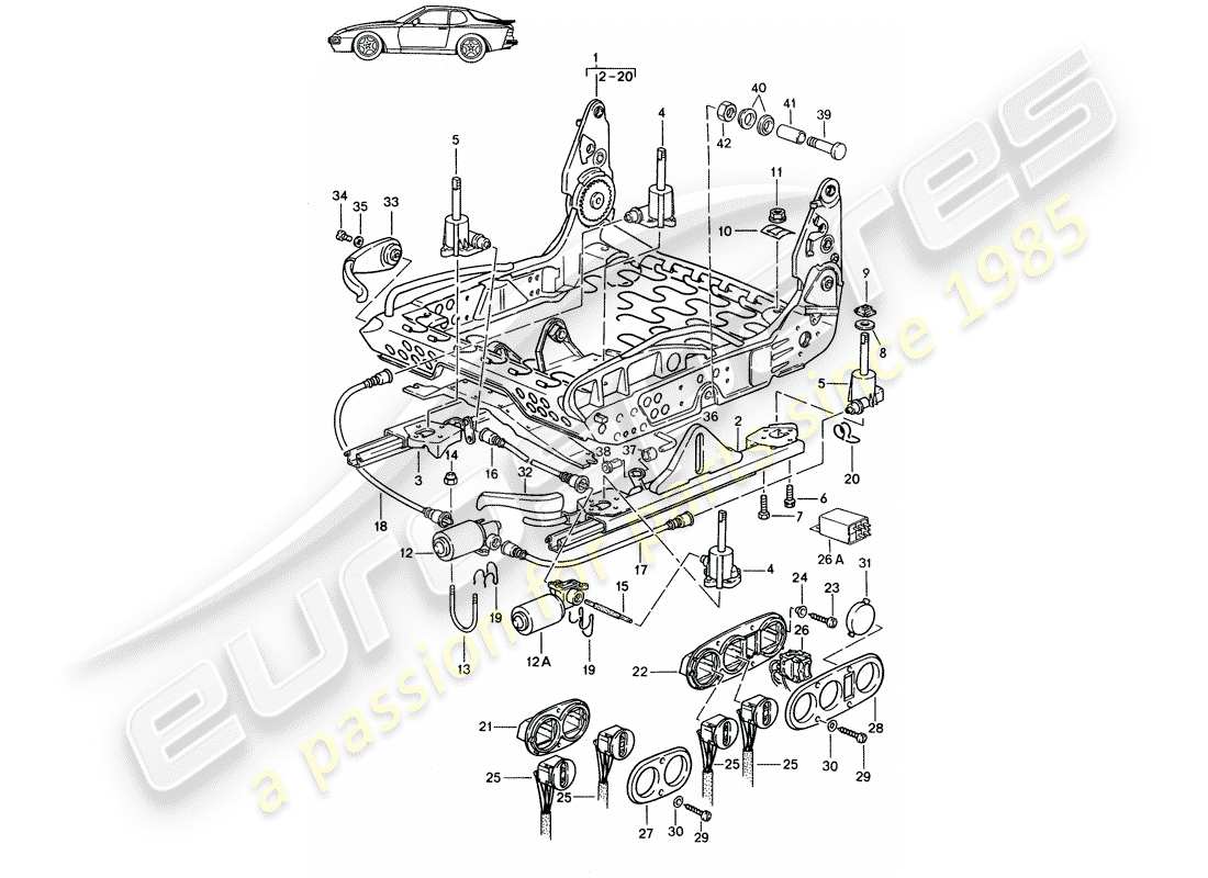 un diagramma delle parti dal catalogo delle parti porsche 1991 (seats for 944/968/911/928)
