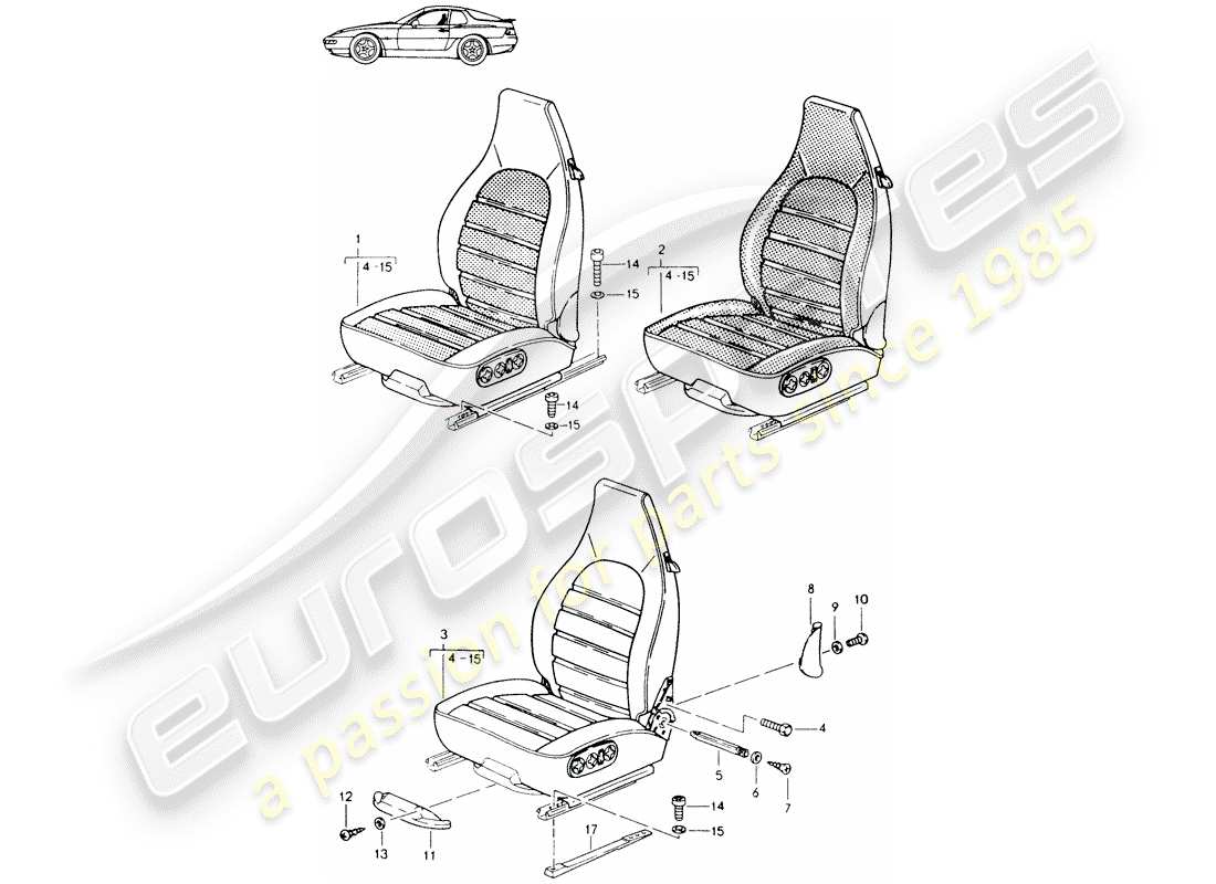 un diagramma delle parti dal catalogo delle parti porsche 1994 (seats for 944/968/911/928)