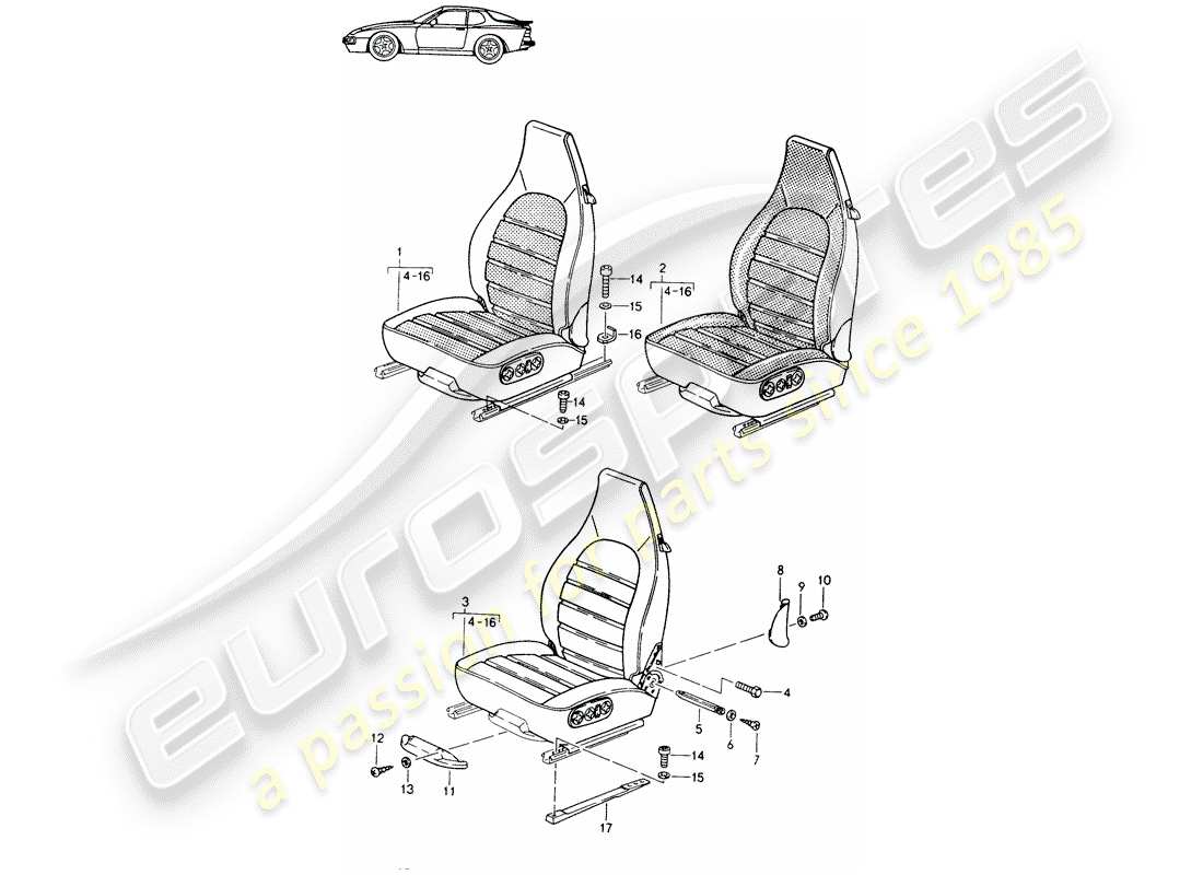 un diagramma delle parti dal catalogo delle parti porsche 1992 (seats for 944/968/911/928)