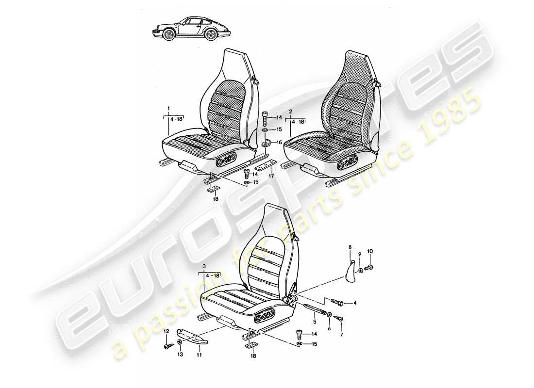 un diagramma delle parti dal catalogo delle parti porsche 1991 (seats for 944/968/911/928)