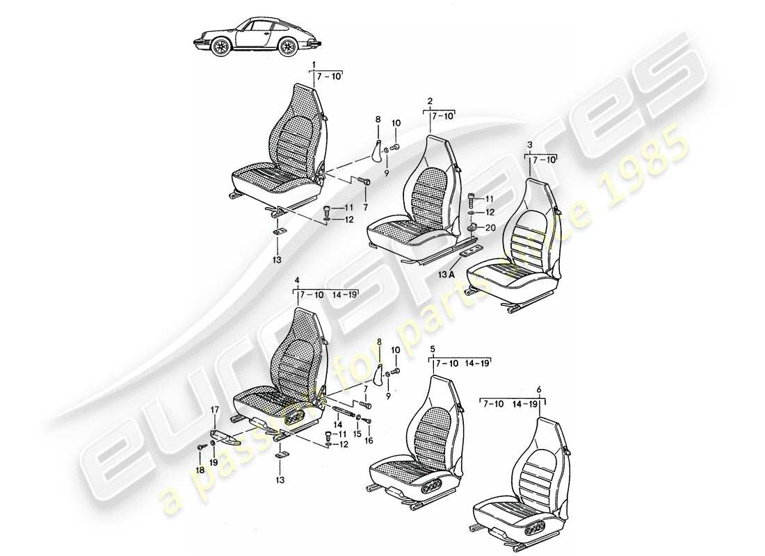 un diagramma delle parti dal catalogo delle parti porsche 1996 (seats for 944/968/911/928)