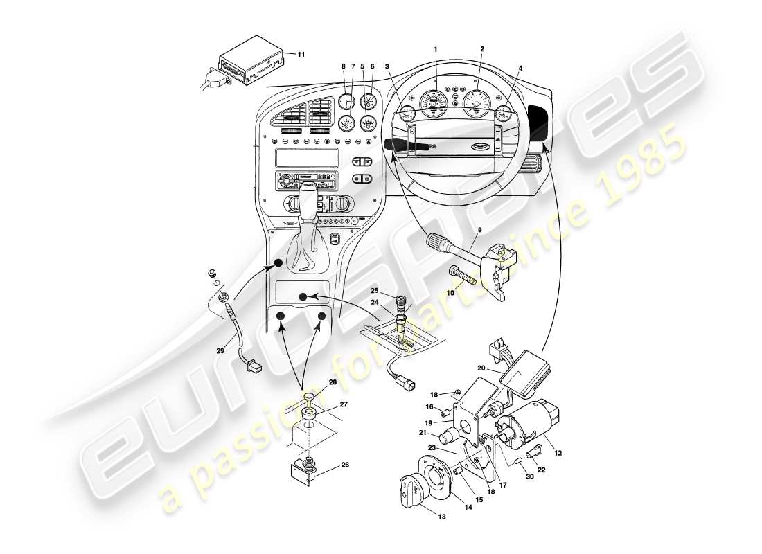aston martin v8 volante (1998) diagramma delle parti di strumenti e controlli