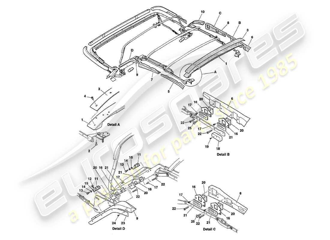 aston martin v8 volante (1998) legni del telaio della cappa diagramma delle parti