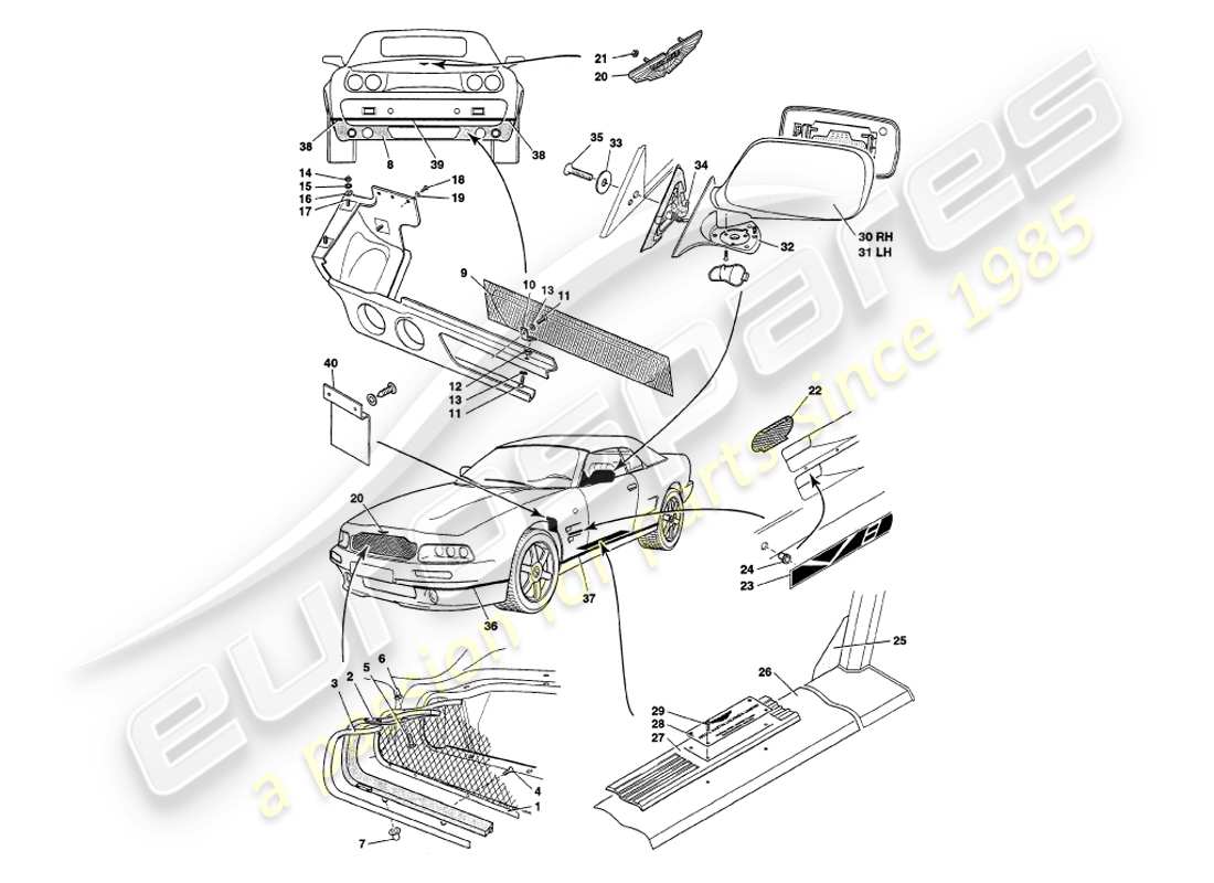 un diagramma delle parti dal catalogo delle parti aston martin v8 volante (1998)