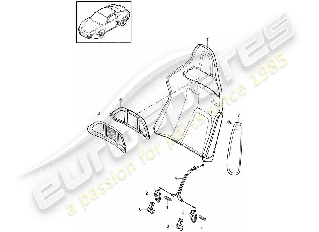 porsche 2010 (987 cayman) guscio dello schienale diagramma delle parti