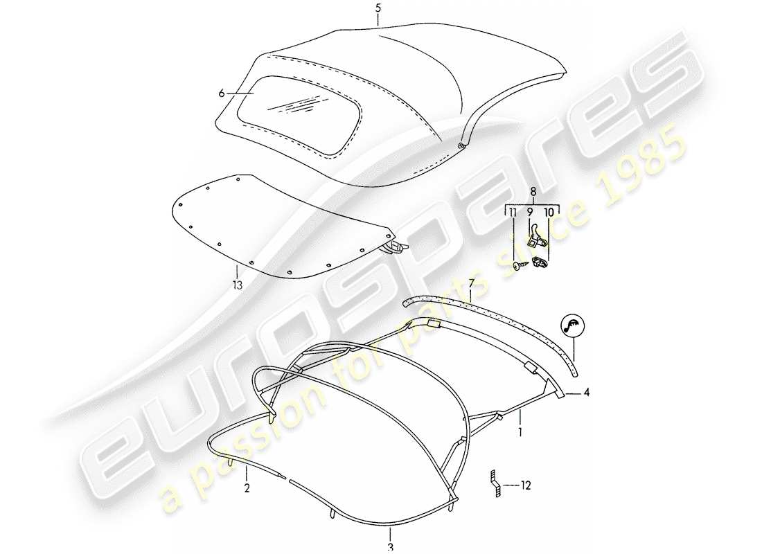 porsche 1958 (356/356a) capote - copertura della capote diagramma delle parti