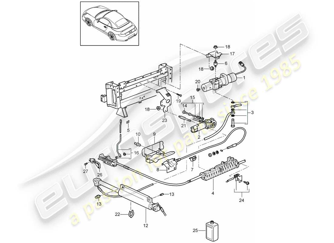 porsche 2009 997-2 turbo / gt2 schema delle parti della capote convertibile