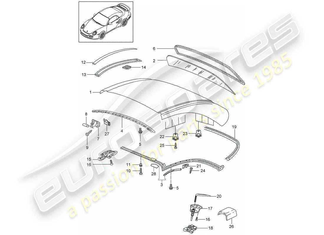 porsche 2009 997-2 turbo / gt2 diagramma delle parti hardtop