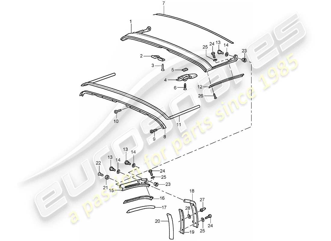 porsche 1990 (964) tetto pieghevole - striscia di tenuta - telaio del tetto schema delle parti