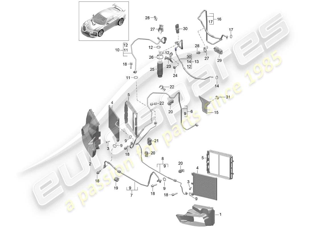 porsche 991r/gt3/rs (2014) circuito frigorifero diagramma delle parti