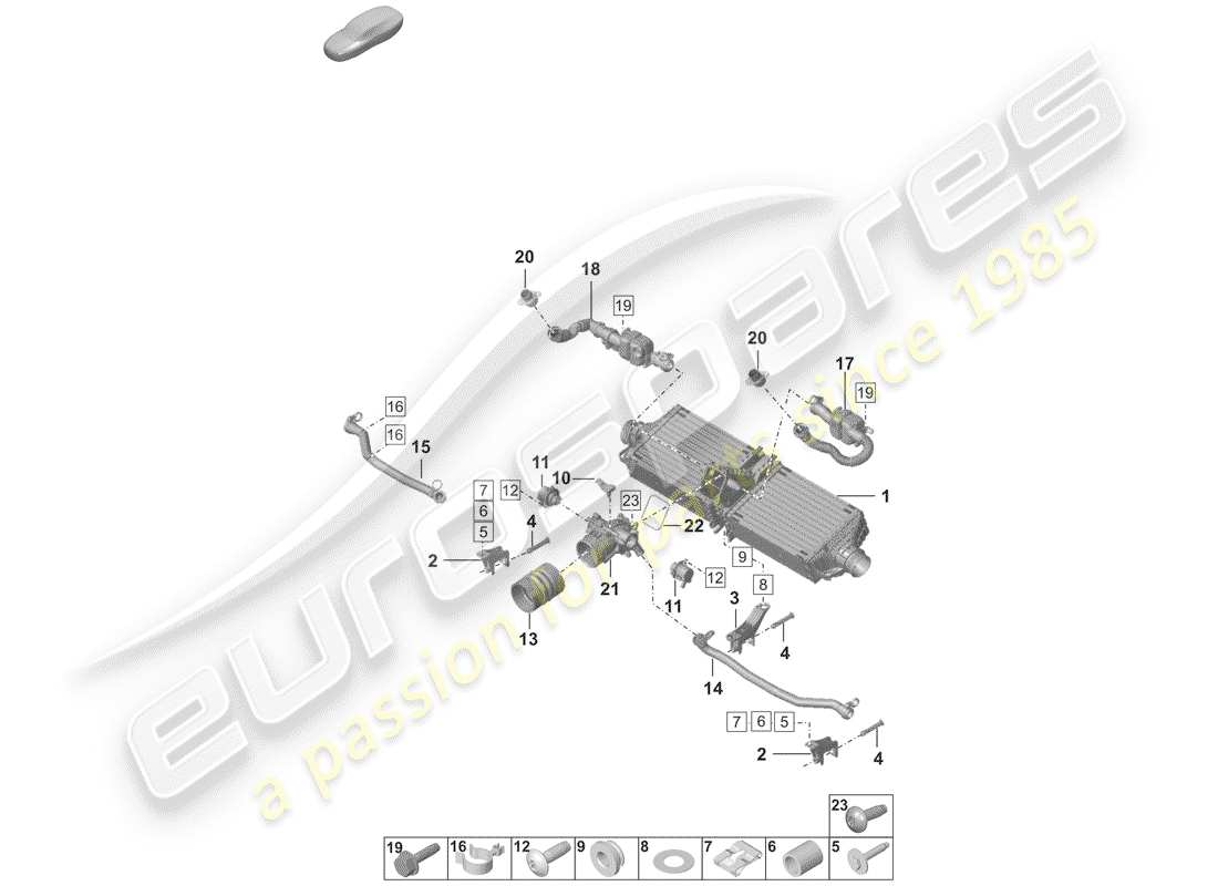 porsche 2019 (992-1) schema delle parti del raffreddatore dell'aria di carica