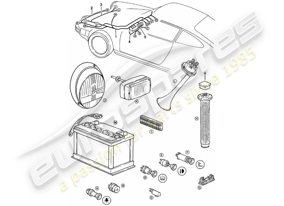 porsche 1983 (911) cablaggi - bagagliaio - bloccasterzo schema parte