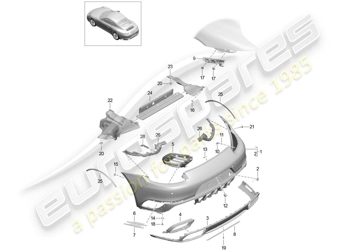 porsche 991 turbo (2020) diagramma delle parti del paraurti