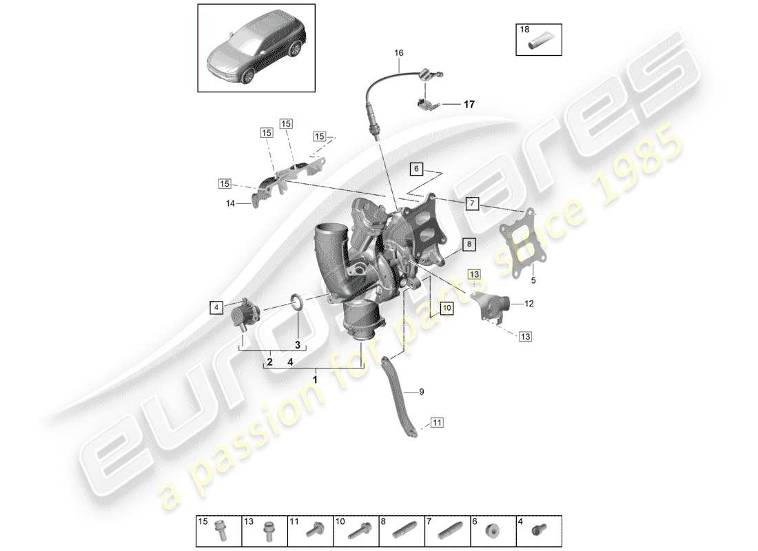 porsche 2020 (cayenne e3 9ya/9yb) turbocompressore gas di scarico schema delle parti