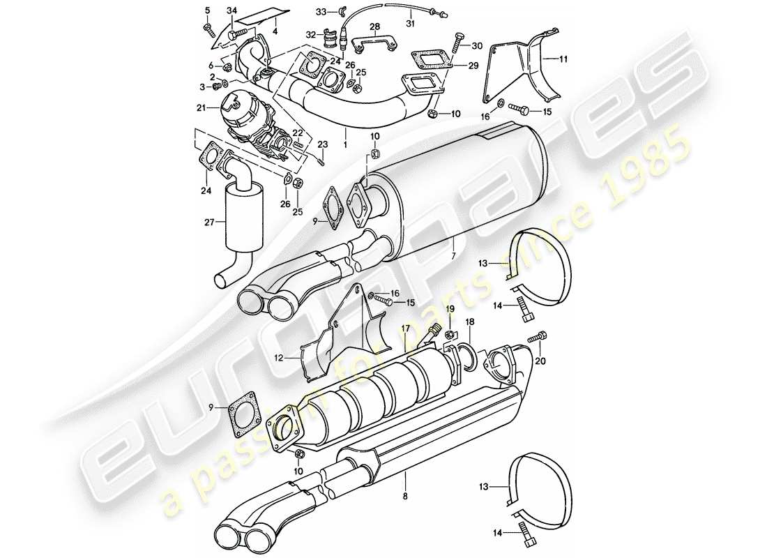 porsche 1986 (911) impianto di scarico diagramma delle parti