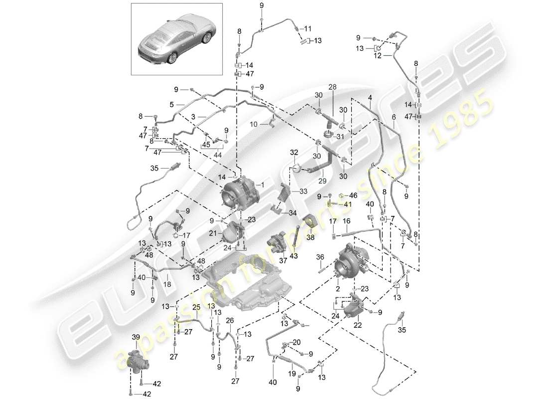 porsche 2015 (991-1 turbo) turbocompressore gas di scarico diagramma delle parti