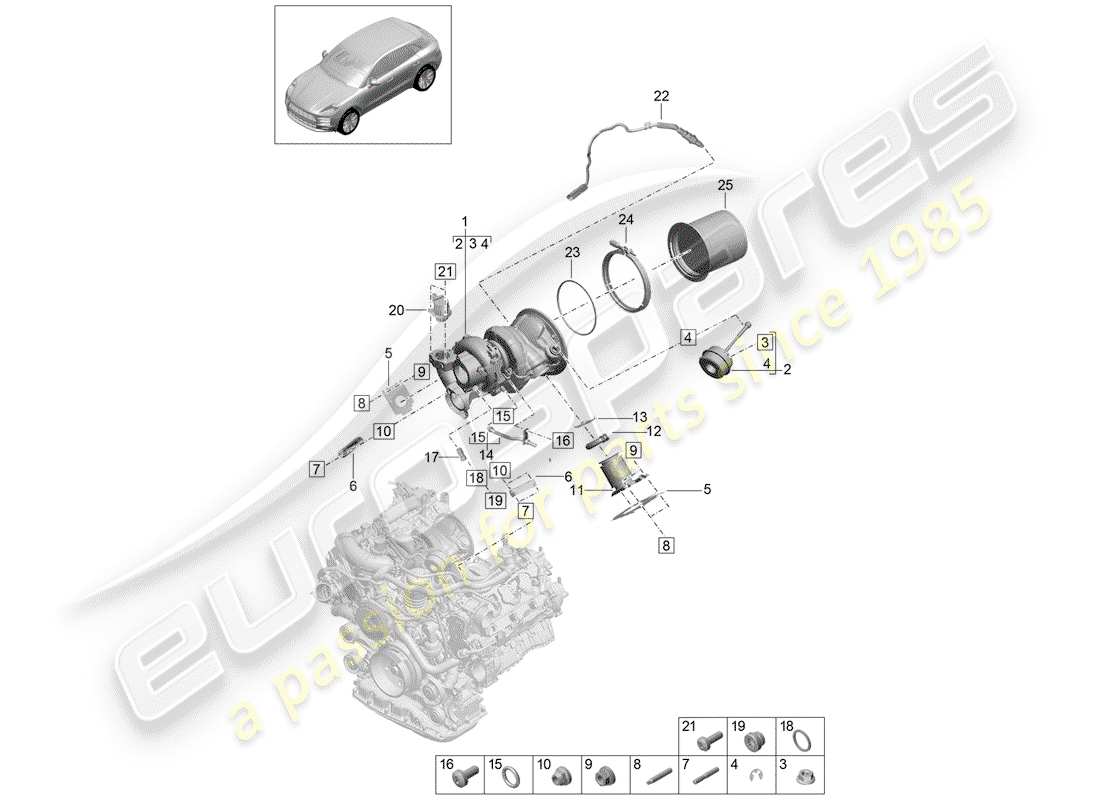 porsche 2019 (macan) turbocompressore gas di scarico diagramma delle parti