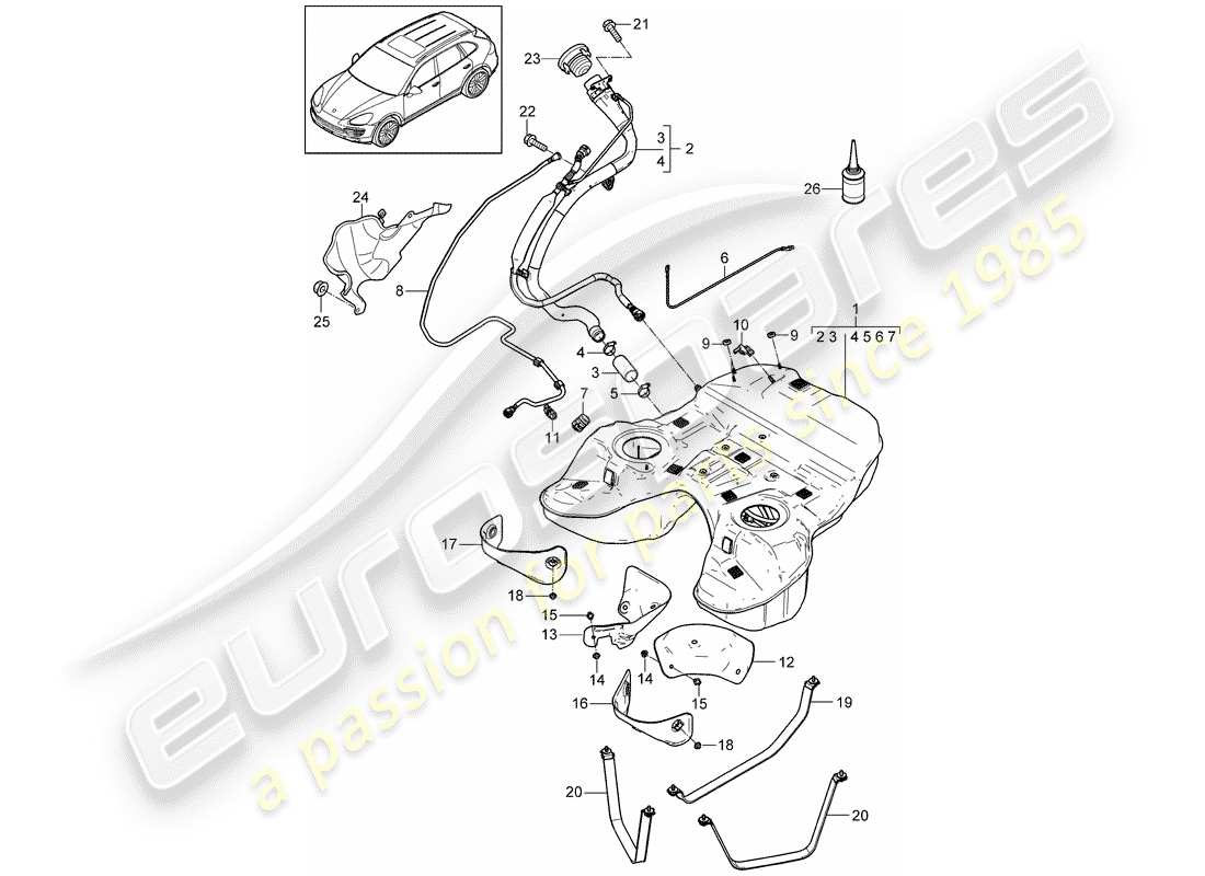 porsche cayenne e2 (2016) diagramma delle parti del serbatoio del carburante