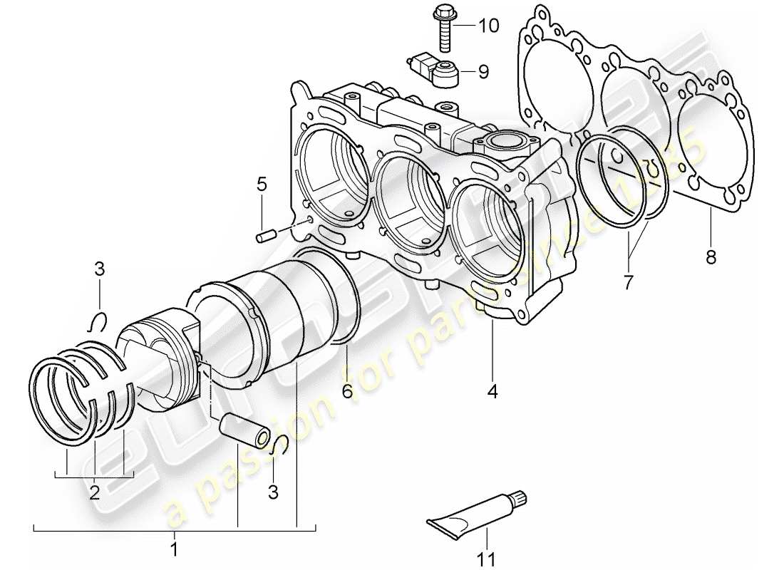 porsche 2011 (997-2 gt3) cilindro con pistoni diagramma delle parti