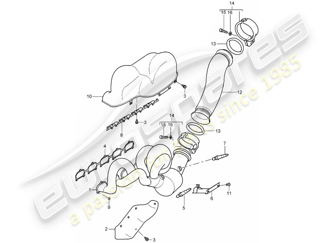 porsche 2005 (carrera gt) sistema di scarico - collettore di scarico - catalizzatore - cilindri 6 - 10 diagramma delle parti