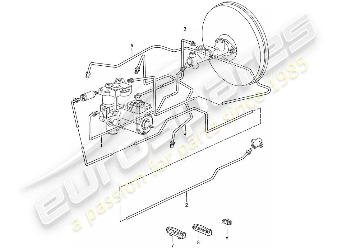 porsche 1990 (928) linee freno - impianto freno antibloccaggio -abs- schema delle parti