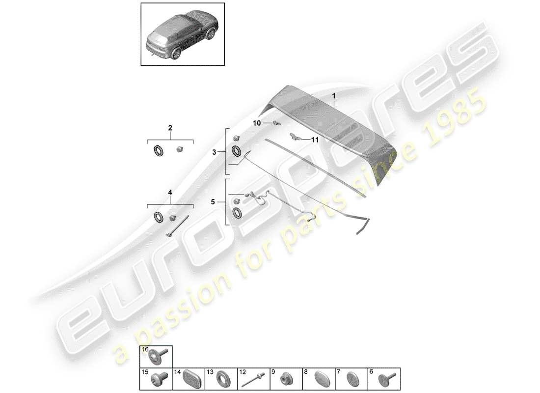 porsche 2018 (cayenne e3 9ya/9yb) spoiler posteriore diagramma delle parti