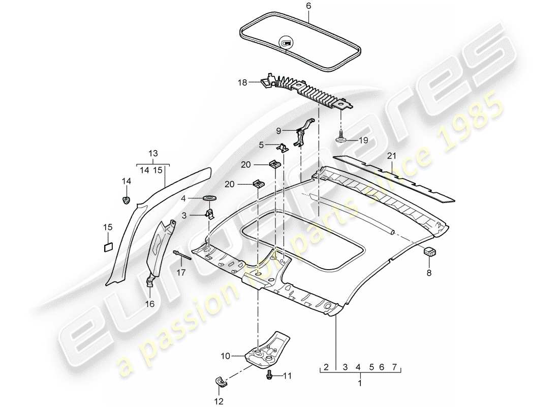 porsche 2008 (997-1) pannello di rivestimento del tetto diagramma delle parti