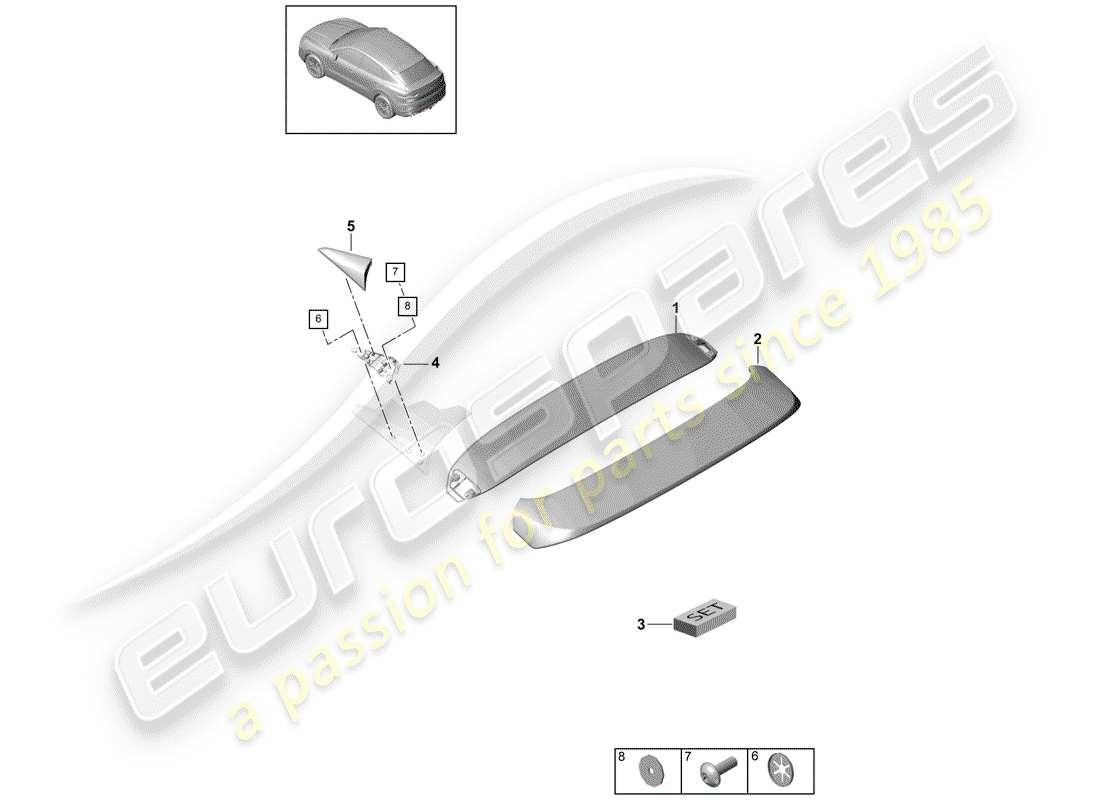 porsche 2020 (cayenne e3 9ya/9yb) spoiler sul bordo del tetto diagramma delle parti