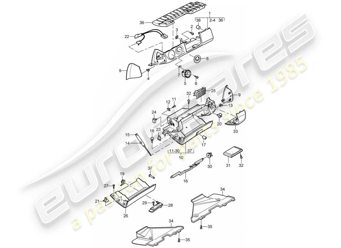 porsche 2007 (997-1 turbo / gt2) diagramma delle parti del vano portaoggetti