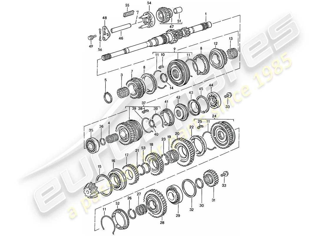 porsche 924s (1988) gears and shafts - manual gearbox part diagram