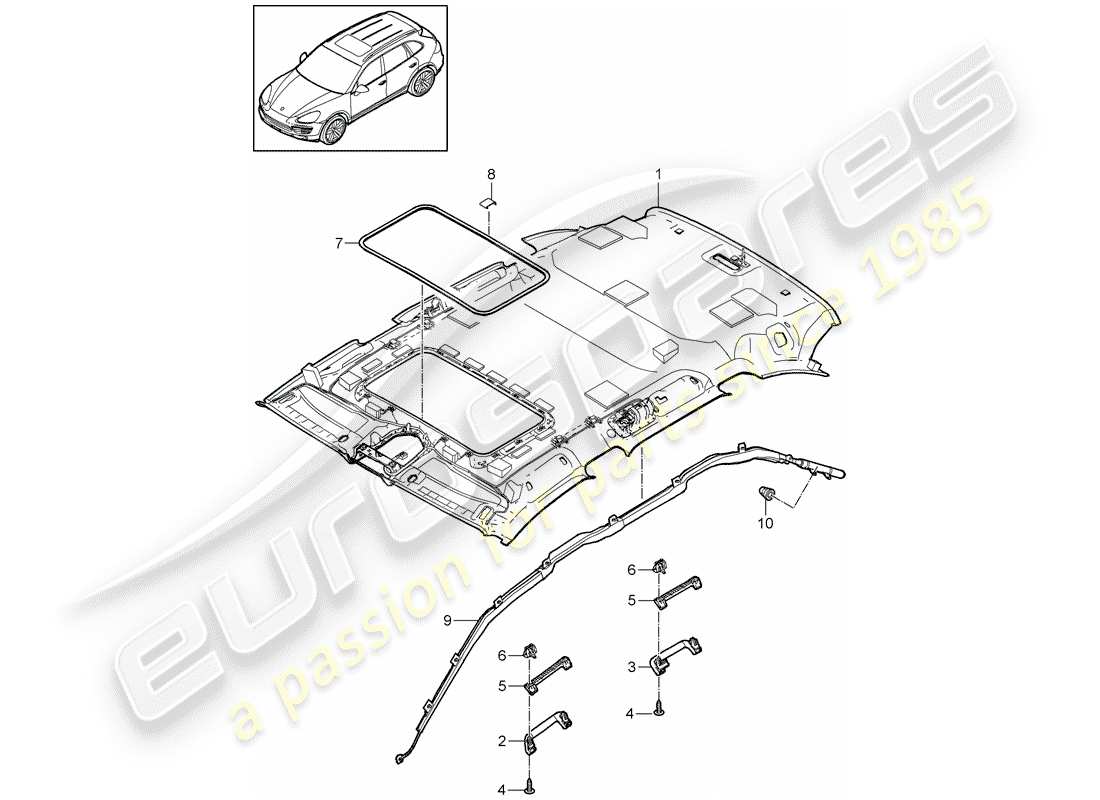 porsche 2014 (cayenne e2 92a) pannello di rivestimento del tetto schema delle parti