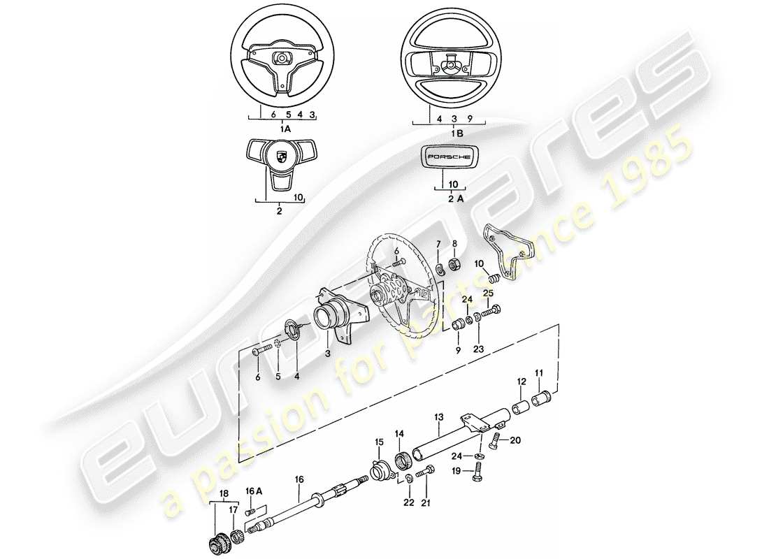 porsche 1987 (924s) volante - piantone dello sterzo schema delle parti