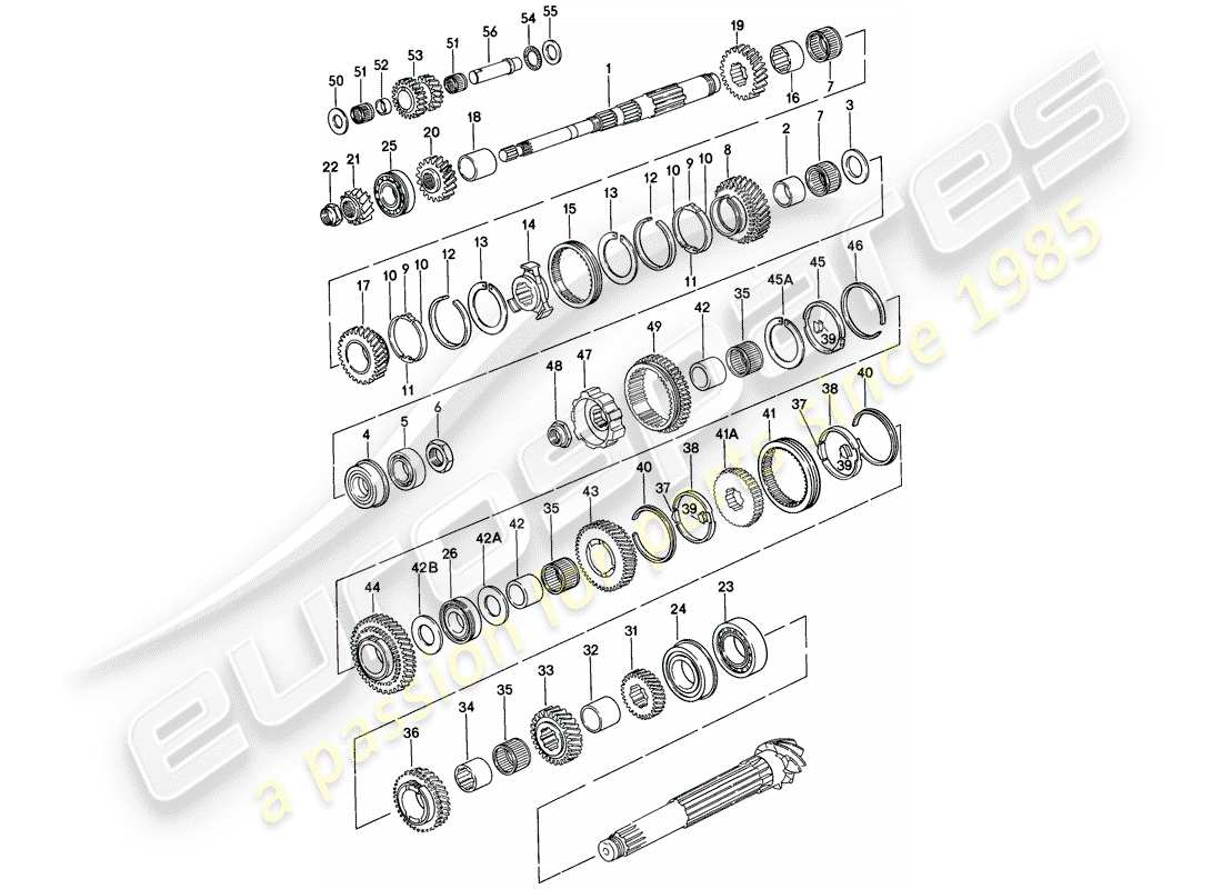 porsche 1979 (924) ingranaggi e alberi - 5-speed - trasmissione - gruppi di ruote dentate - 016 diagramma delle parti z