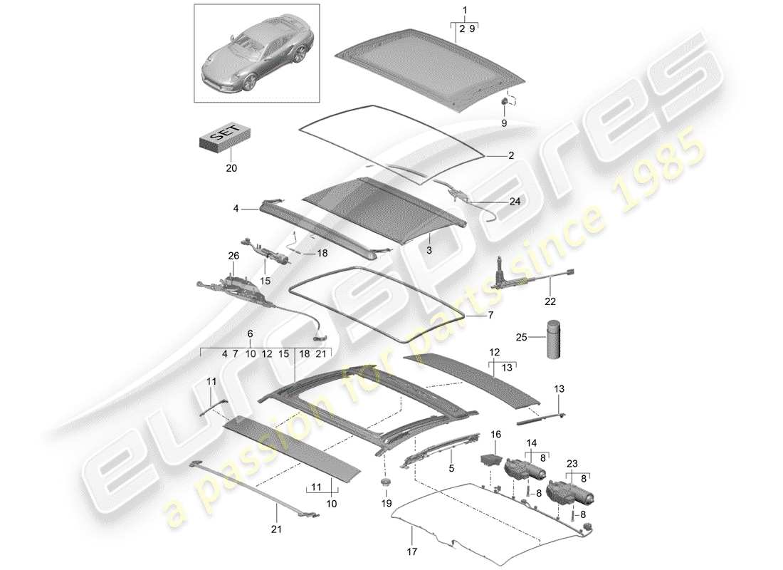 porsche 2019 (991-2 turbo) tetto di vetro diagramma delle parti