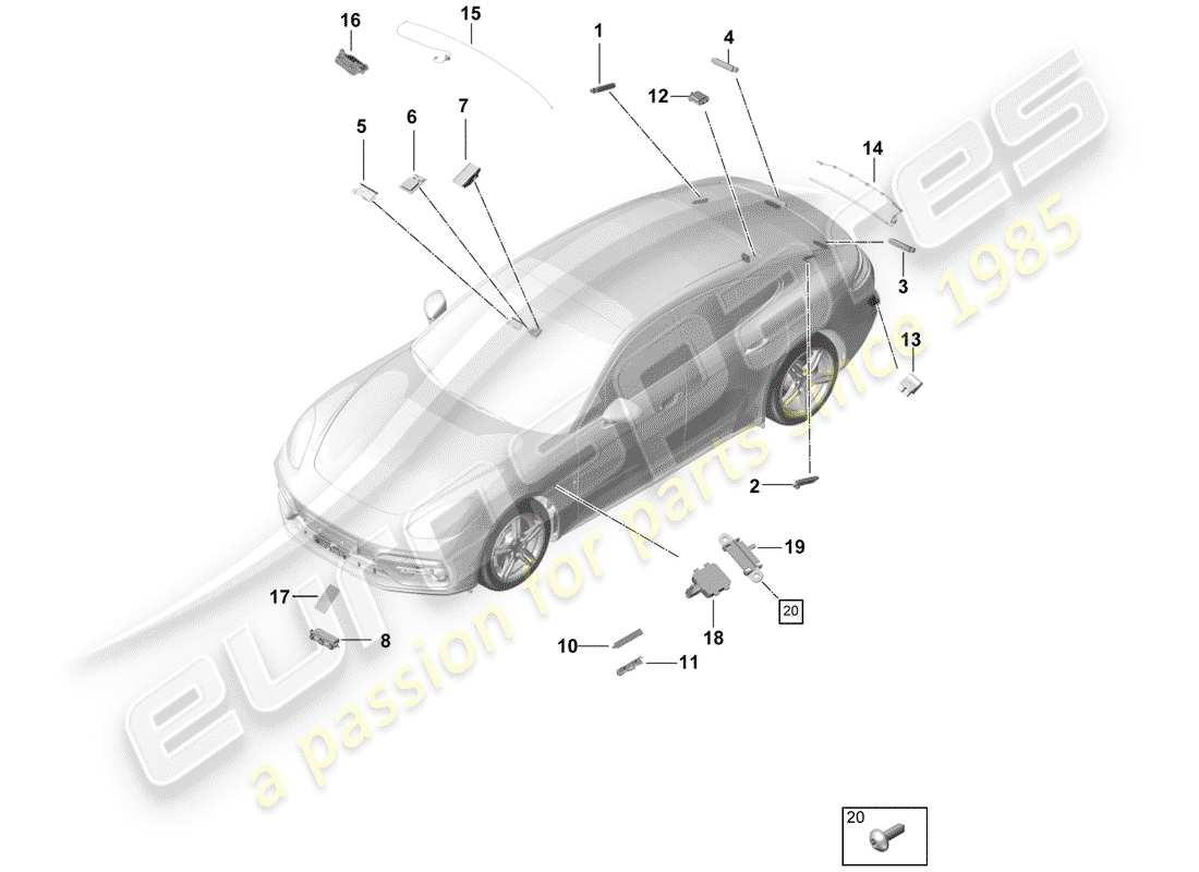 porsche 2017 (panamera 971-1) diagramma delle parti del ripetitore d'antenna