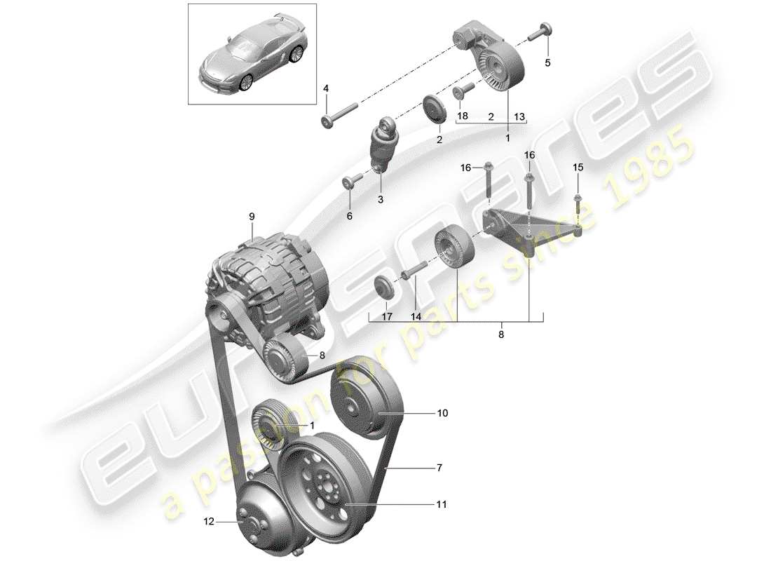 porsche 2016 (981 cayman gt4) schema delle parti del tendicinghia