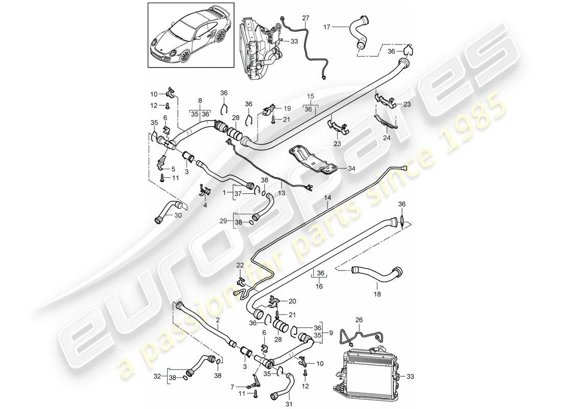porsche 2011 (997-2 turbo / gt2 rs) raffreddamento ad acqua 2 diagramma delle parti