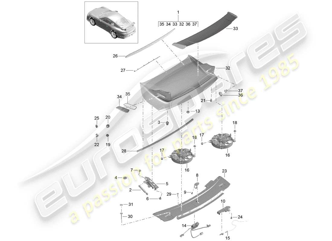 porsche 2016 (991-1 r/gt3/rs) schema delle parti spoiler posteriore