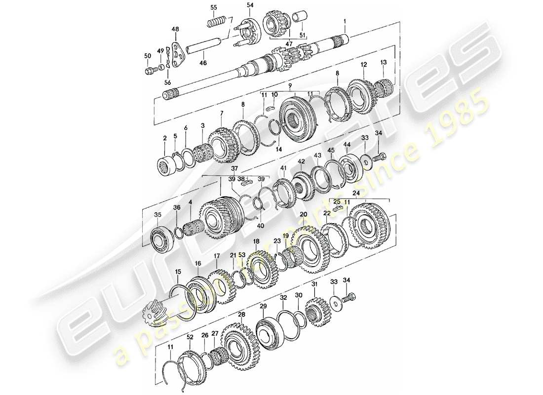 porsche 1981 (924) ingranaggi e alberi - cambio manuale - vq vr uv md - me mf mb mx - d - mj 1981>> diagramma delle parti