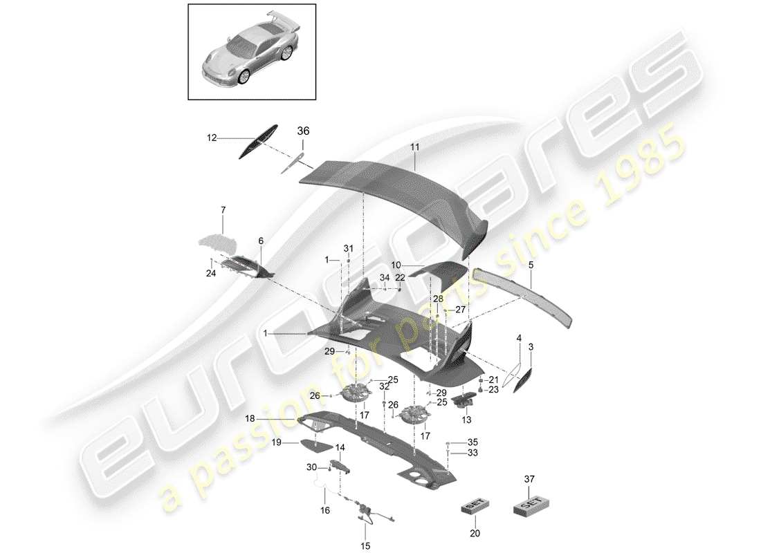 porsche 2016 (991-1 r/gt3/rs) schema delle parti del coperchio del baule posteriore