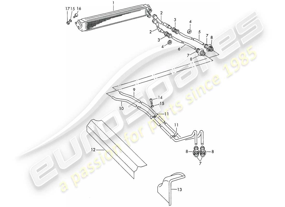 porsche 1963 (356b/356c) schema delle parti tubo olio - radiatore olio