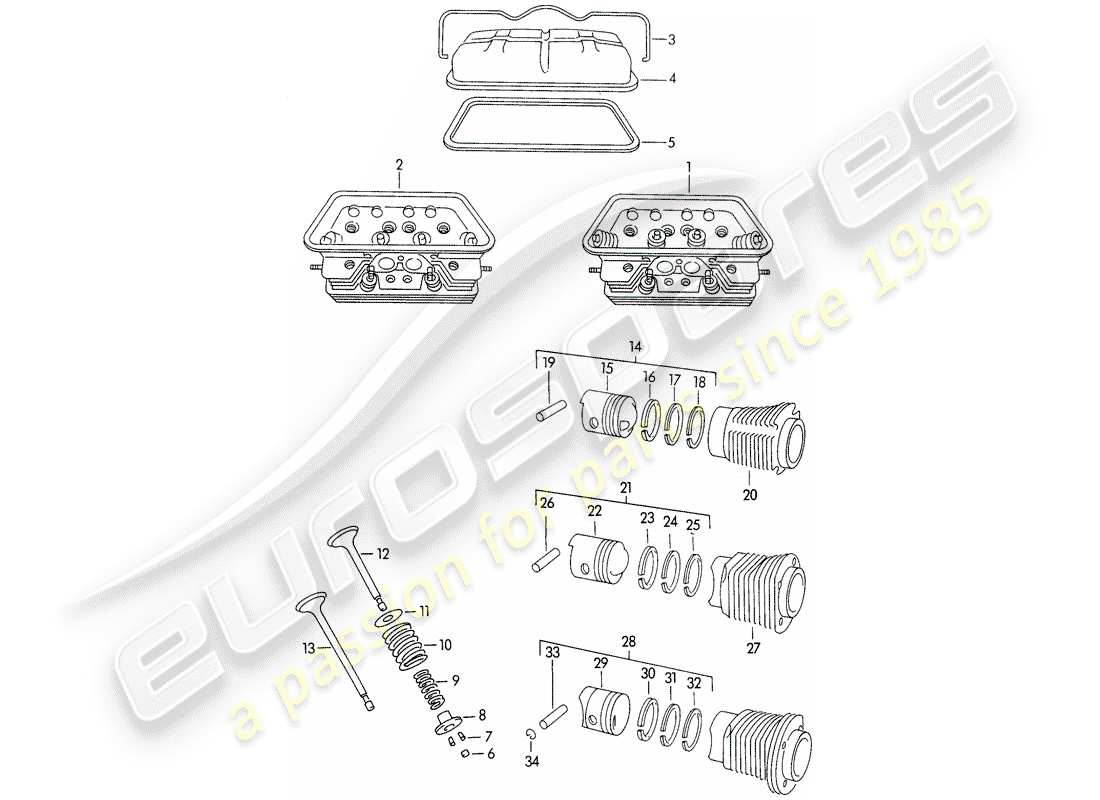 porsche 1954 (356/356a) testata - cilindro con pistoni - m >> 10 199 - m >> 21 780 - m >> 50 099 - m >> 21 999 - m >> 33 899 - m >> 40 999 diagramma delle parti