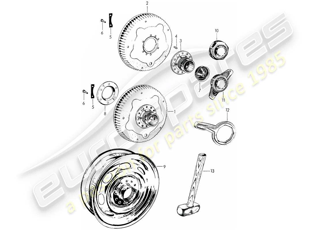 porsche 1957 (356/356a) ruota a disco forato - chiusura centralizzata diagramma delle parti
