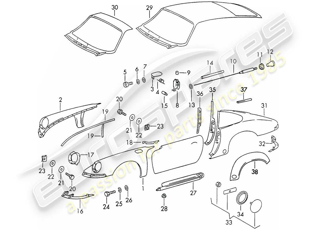 porsche 1973 (911) pannellatura esterna schema delle parti